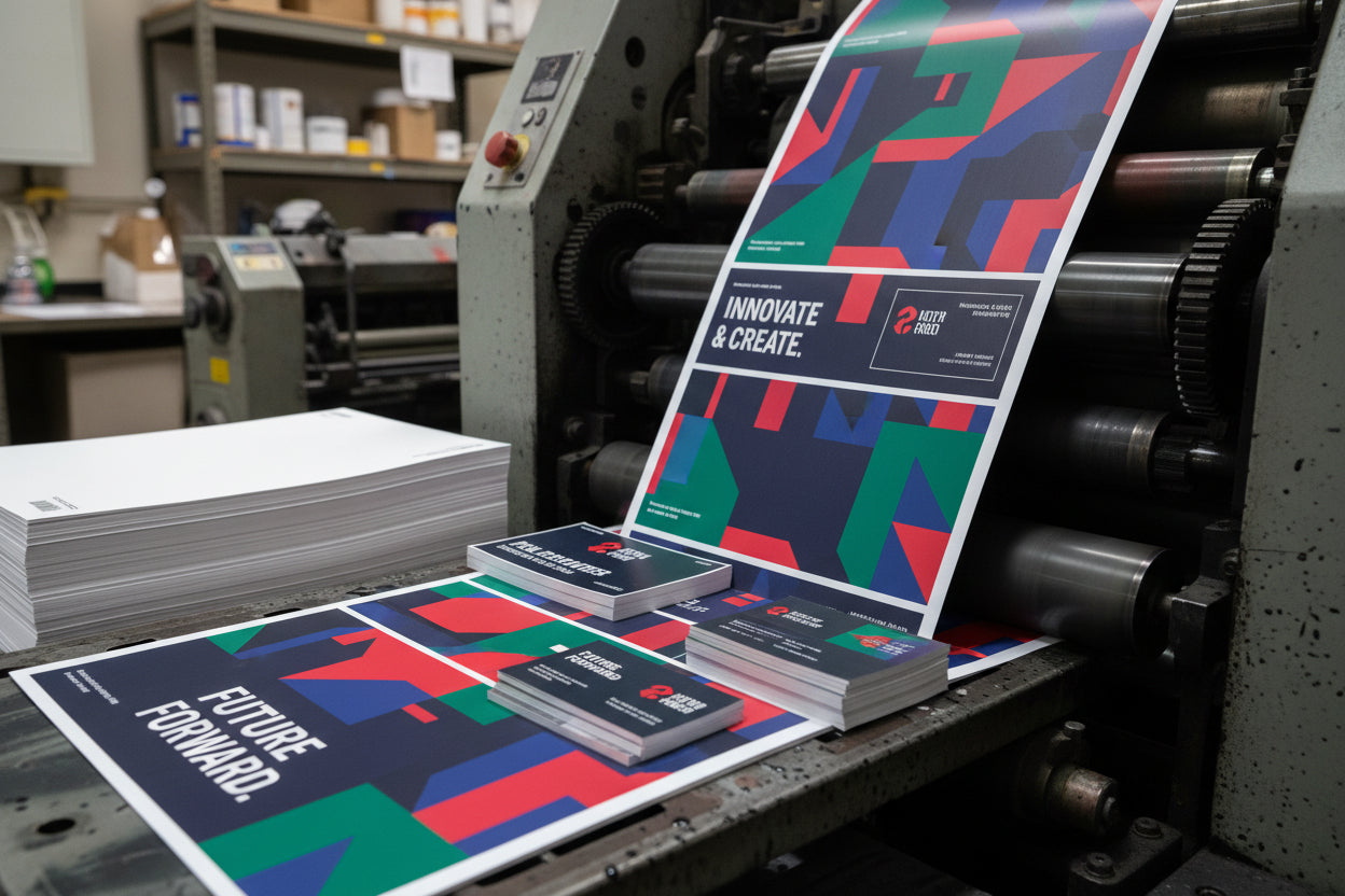 Printing press with colorful printed materials and text on a production line.