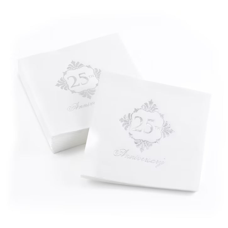 Silver Foil 25th Anniversary Cocktail Napkins