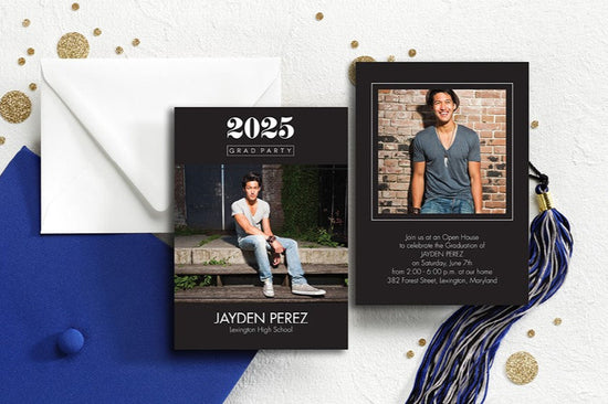 Two photo frames on a white surface with text and decorative elements.