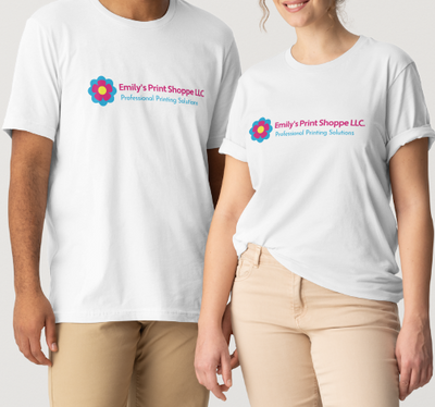 Two people wearing white t-shirts with a logo and text on a light gray background